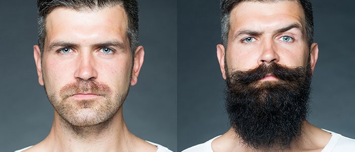 Kaksi kuvaa samasta miehestä harmaata taustaa vasten: vasemmalla hänellä on lyhyt parta ja oikealla pitkä parta.